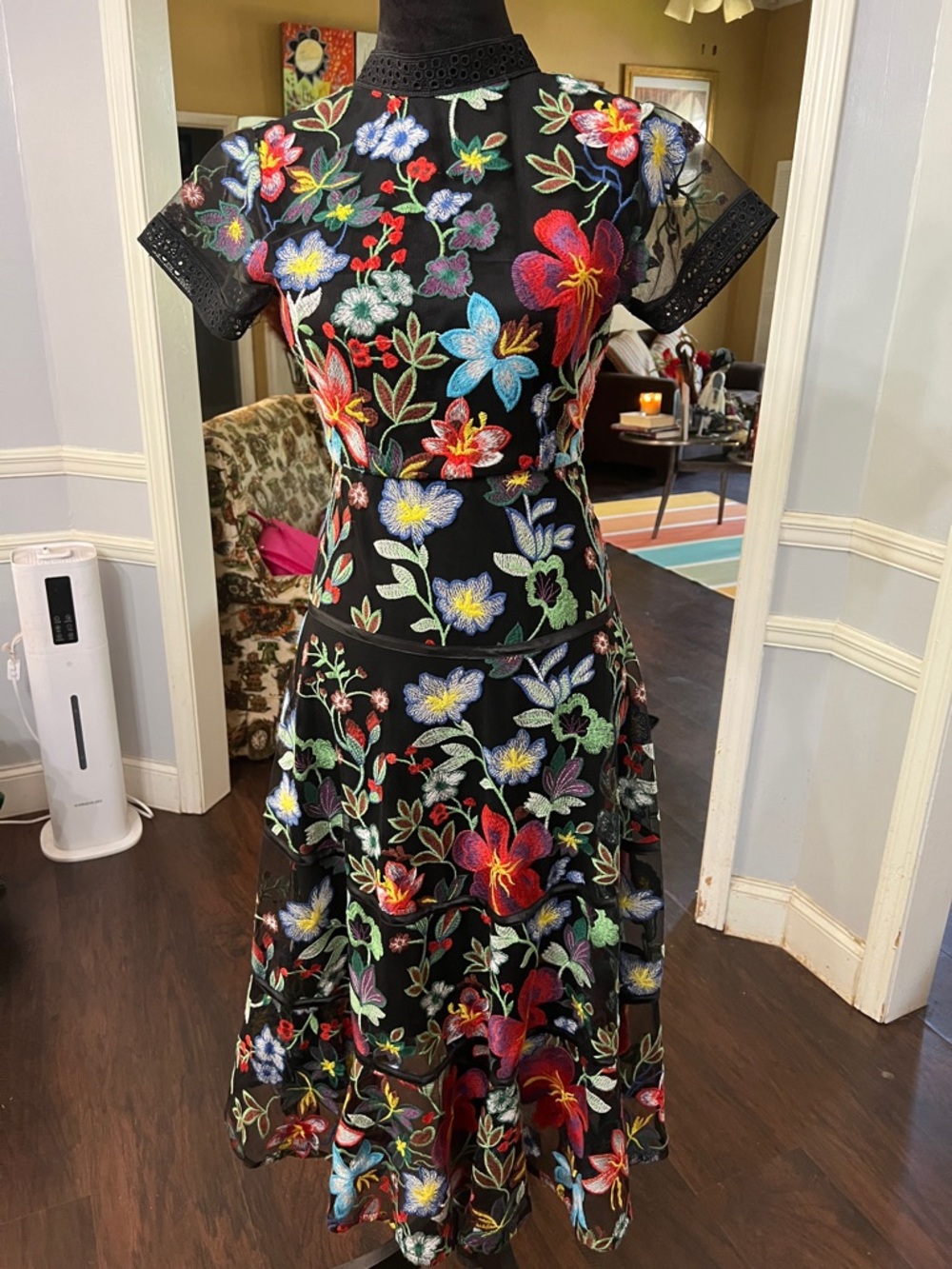 Black Floral Embroidered Midi Dress